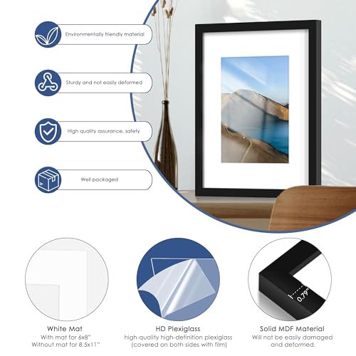 PEALSN 8.5 x 11 Picture Frame Set of 6, Display Pictures 6x8 with Mat or 8.5 x 11 without Mat for Wall Mounting Display, P...