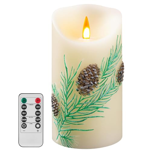 QQFCTOO Embossed Pinecone Flameless LED Candle-Realistic Flickering Flame-Battery-Operated Candle with Remote Timer-Real W...