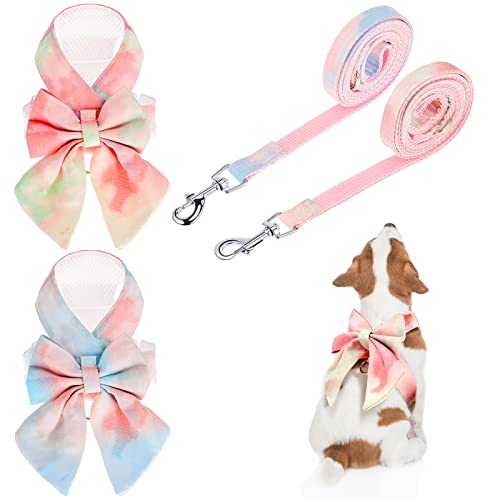 2 Sets Bow Tie Small Dog Harness and Leash Set Cute Dog Puppy Harness Adjustable Soft Mesh Dog Vest for Puppies Cat Pet Wa...