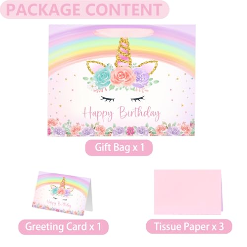 Yusenguan 13" Unicorn Birthday Gift Bag with Greeting Card and Tissue Paper for Baby Girls and Kids Birthday Party (Rainbo...