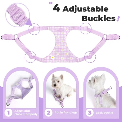 PETCARE Cute Small Dog Harness and Leash Set Purple Floral Daisy Puppy Harness Vest Adjustable Step in Spring Summer Soft ...