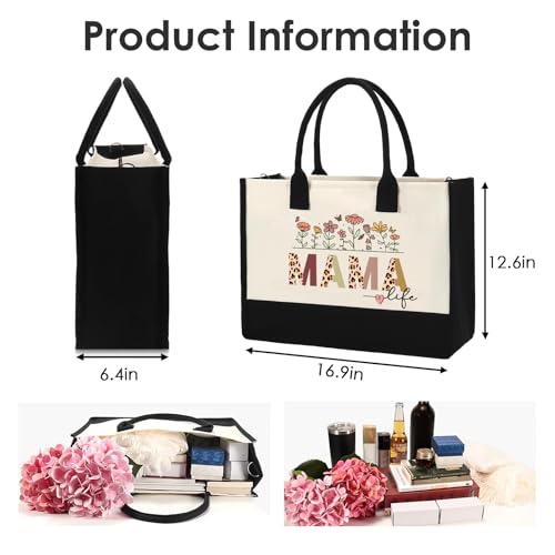 VeloKomo Mama Canvas Tote Bag - 2pcs Appreciation Gifts for Mom Women Floral Totes with Portable Makeup Bags Gift Set for ...