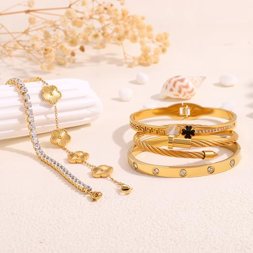 Camhanno 5pcs Gold Stackable Bracelet Set for Women - Stainless Steel Non-Tarnish Clover Lucky Charm Jewelry, Trendy Gift ...