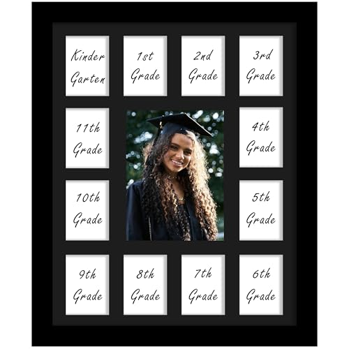 DUENPY 12x16 School Year Picture Frame K-12 Displays One 5x7 Photo and Twelve 2.5x3.5 Pictures Graduation Photo Collage Wa...