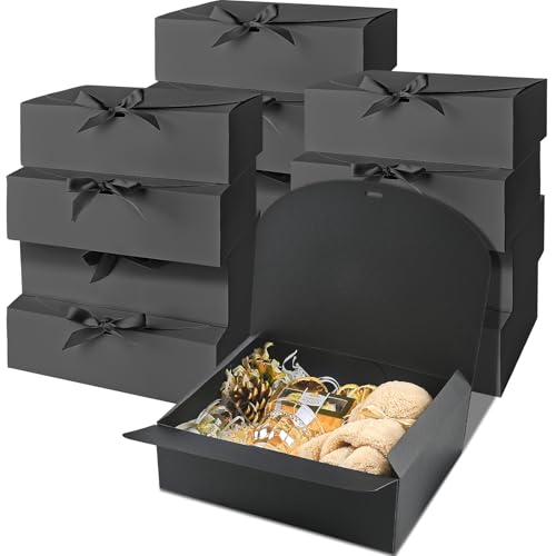 Ocmoiy 12 Pack Gift Boxes with Lids, 10.6x7.8x3.1 Inch Black Paper Gift Box with Ribbon, Bridesmaid Proposal Box for Weddi...