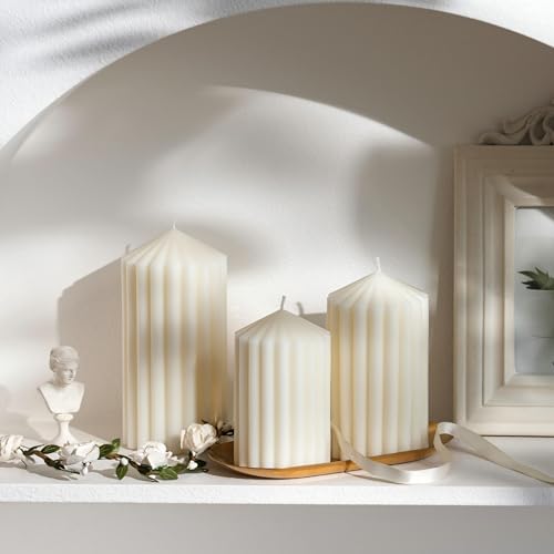 3 Pack White Ribbed Pillar Candles - Soy Wax Unscented, 2.76" x4.2/4.9/5.9 in Smokeless Non Toxic Cotton Wick, Aesthetic M...