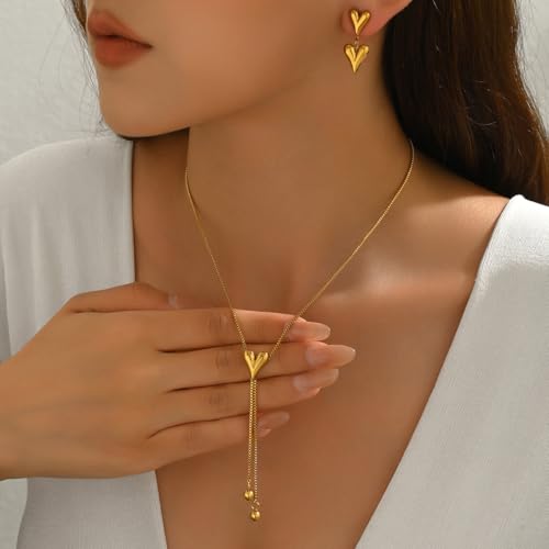 VceTd Vintage Y-Shape Necklace with Double Heart/Flower Earrings Set, 18K Gold Plated Stainless Steel Romantic Jewelry Gif...