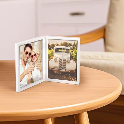 AEVETE 4x6 Picture Frames Double Hinged Wood Folding Photo Frames Vertical with Plexiglass Front, White