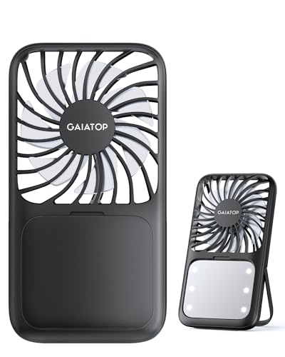 Gaiatop Portable Handheld Fan, 3 Speed LED Makeup Mirror with Light, Folding Stand for Desktop, Rechargeable Mini Personal...