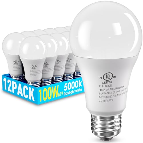 12 Pack LED Light Bulbs 100 Watt Equivalent, A19 15W 5000K Daylight, Super Bright White Light 1500 Lumens, E26 Standard No...