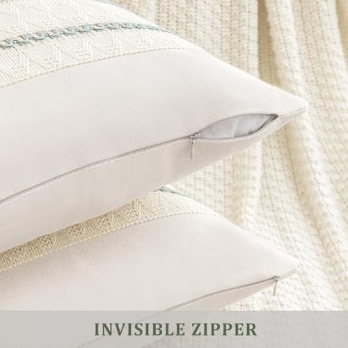 Laolitou Set of 2 Boho Throw Lumbar Pillow Covers 20×12, Rustic Farmhouse Cotton Linen Soft Sage Green Decorative Pillow C...