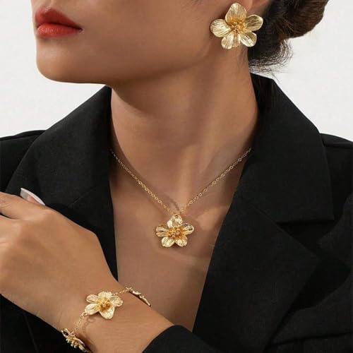 Gold Flower Necklace Bracelet Earrings Set for Women Boho Statement Chunky Big Daisy Flowers Floral Layered Chic Jewelry S...