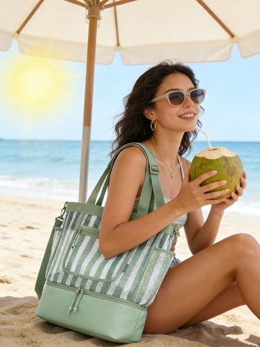 BAGSMART Beach Bag for Women, Mesh Tote Bags with Zipper, Sandproof Vacation Essentials with Cooler for Swim Cruise Pool