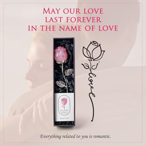 RJINGSHI Rose Flower Gifts Natural Crystal Quartz Eternal Rose Flower Gift Set – Pink Forever Roses for Women Girlfriend W...