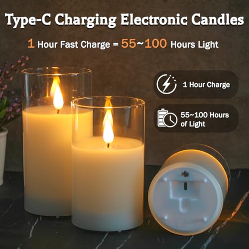 LEDHOLYT Rechargeable Flameless Glass Pillar Candles–Gifts for Women,–Set of 3, Realistic Flickering LED Light,Remote & Ti...