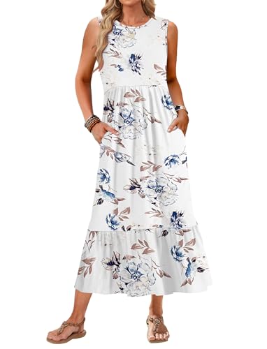 AUSELILY Womens Summer Dresses 2026 Sleeveless Maxi Dress Crewneck Casual Flowy Tiered Sundresses with Pockets