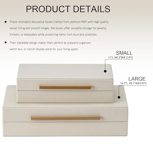 Set of 2 Beige Shagreen Decorative Storage Boxes with Gold Metal Handles – Faux Leather Jewelry & Memory Boxes, Nesting Ph...