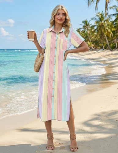 HOTOUCH Womens Dress Summer Casual Midi Short Sleeve Button Down Shirt Dresses Loose Beach Cover Up with Pockets