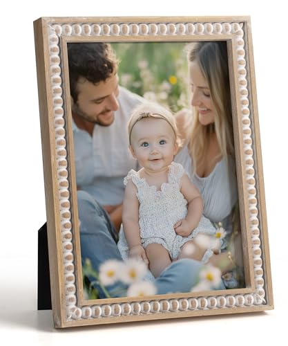 Maxpeuvon 5x7 Picture Frame, Natural Pine Wood Wall Mount Photo Frame Boho Distressed White Vintage Rustic Tabletop Displa...