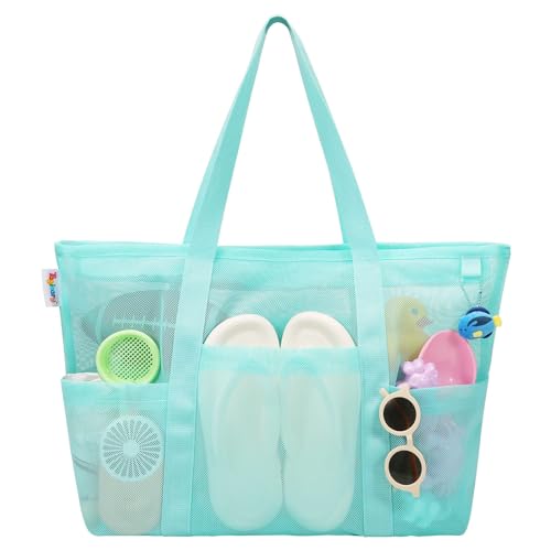 Tagitary Mesh Beach Bag with Zipper Large Beach Tote Waterproof Sandproof with 8 Pockets for Toys Pool Bag Beach Accessories