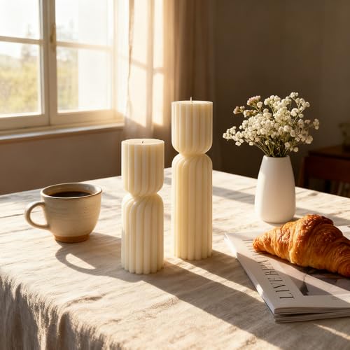 Set of 2 Ribbed Pillar Candles Handmade Soy Wax Scented Ribbed Candles,Hourglass Pillar Candle,Wax Elegant Bubble Natural ...