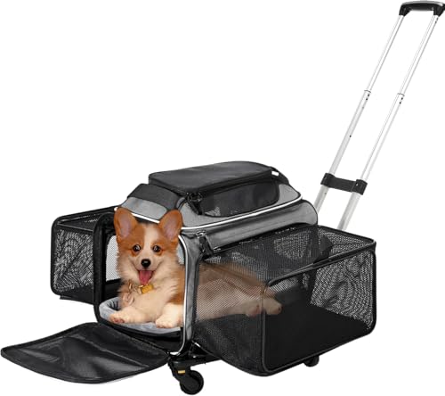 Cozy Cruiser Airline Approved Top-Expanding Pet Carrier on Wheels- Extra Spacious Soft Lined Carrier! 18x11x11 (Grey, Expa...