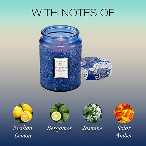 Voluspa Mediterranean Lemon Candle Jar, 18 oz, Coconut Wax Blend, Large Scented Candles for Home, 100 Hour Burn Time, Pour...