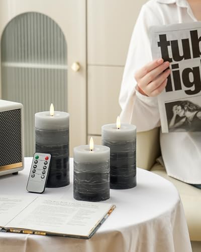 Stmarry Distressed Gradient Gray Flameless Candles with Remote and Timer, Real Wax Made LED Pillar Candles Battery Operate...