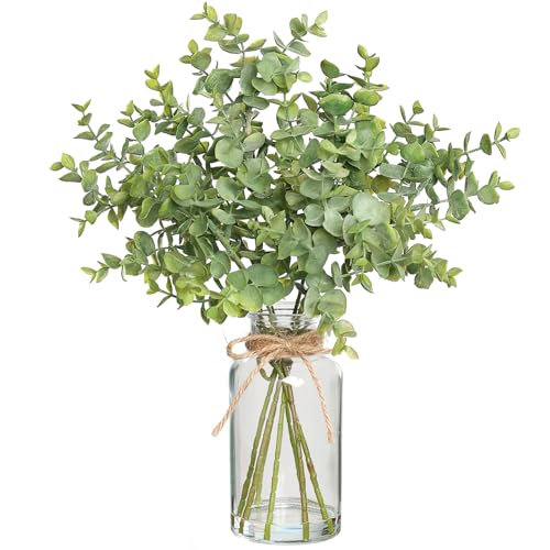 Zheart Fake Eucalyptus Stems in Glass Vase with Faux Water,14" Artificial Plants Eucalyptus Leaves for Shelf Desk Bathroom...
