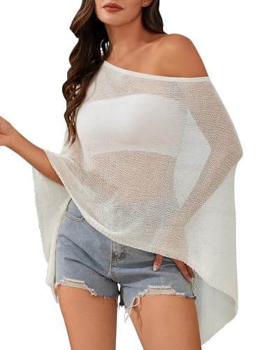 Vicarly Drop Shoulder Sheer Crochet Vacation Outfits Poncho Sweater Top Summer Beach Cover Up