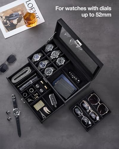 ProCase Mens Jewelry Box, Lockable 6 Slot Watch Case & 3 Slot Sunglasses Organizer, 2-layer Mens Jewelry Organizer Watch B...