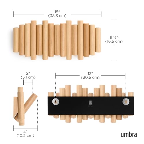 Umbra Picket Coat Rack Wall Mount – 5 Flip-Down Wood Coat Hooks, Modern & Functional Storage, Easy Install Wall Hooks, Nat...