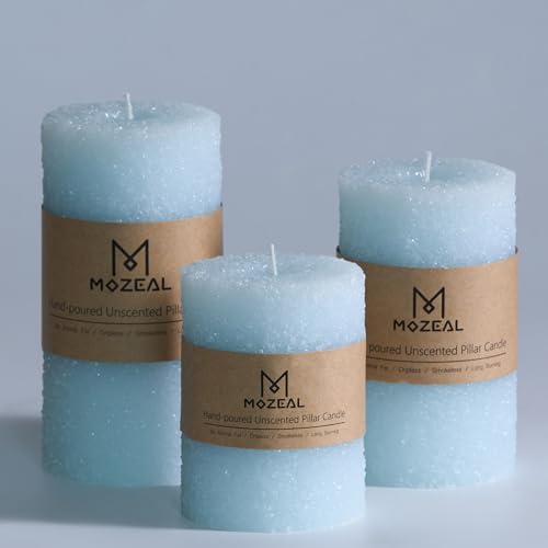 MOZEAL Hand-Poured Granular Texture Decorative Baby Blue Pillar Candles Set of 3 (3"x4", 5", 6"),Approx 300 Hours Burn Tim...