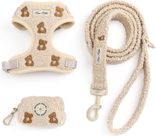 MAISON MALIBU Embroidered Matching Dog Harness and Leash Set with Poop Bag – No Pull, Adjustable, Padded, Breathable Harne...