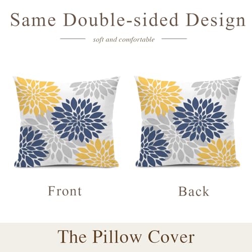 Navy Blue Yellow Pillow Covers 18x18 Inch , Spring Summer Geometric Elegant Dahlia Decorative Throw Pillows, Flower Outdoo...