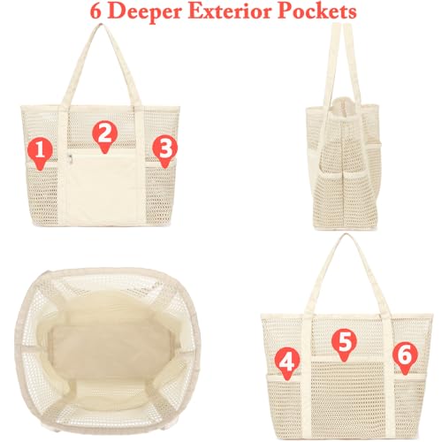 Fammart Mesh Beach Bag for Women, Casual Hobo Bags Large Beach Tote for Pool Travel Cruise Vacation Essentials