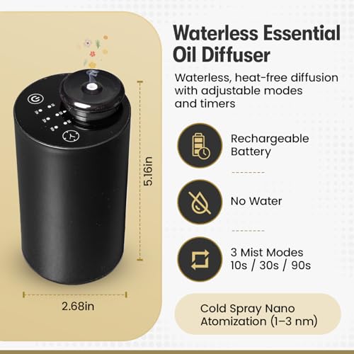 CARNOLA Waterless Essential Oil Diffuser for Car & Home with 3x10ml Oils, Portable Aromatherapy Device, USB-C Rechargeabl...