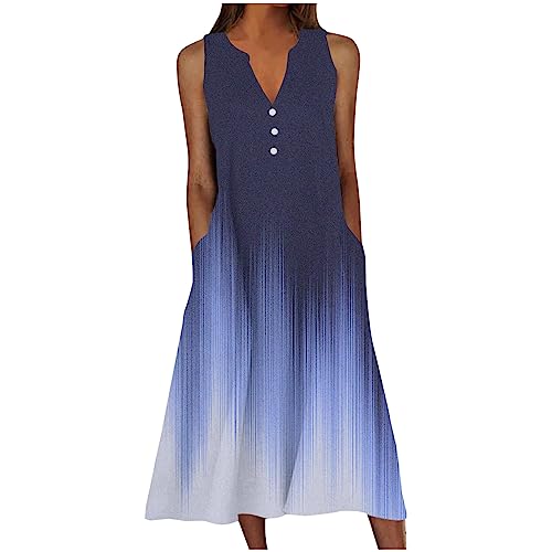 SMIDOW Womens Summer Design Casual Dress Fashion Floral Printed Elegant Dress Sleeveless V-Neck Long Dress with Pockets
