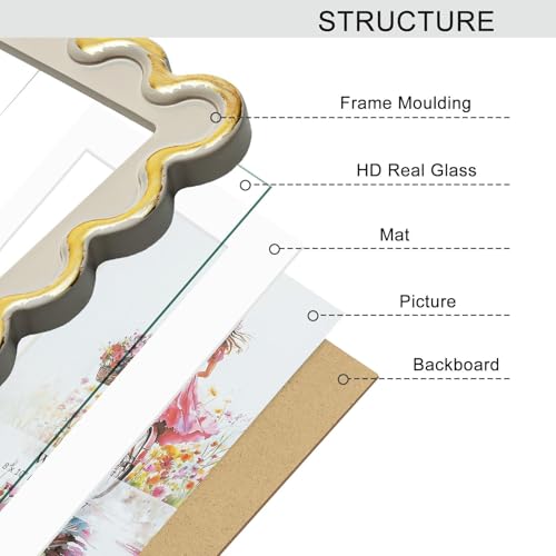 Wontree 5x7 Picture Frame in Beige with Shinning Gold Wavy Edge, Resin Frame with Real Glass, Display 5x7 Photos Matted to...