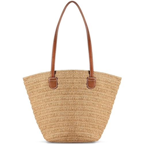 Pleneal Straw Beach Bags for Women - Women Beach Handmade Woven Tote Bag, Summer Mesh Hollow Shoulder Bag for Holiday