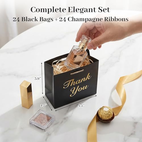 VGOODALL 24PCS Thank You Gift Bags, 4.5x3.9x1.7Inches Mini Party Favor Bags Black Treat Boxes with Bow Ribbon for Wedding ...