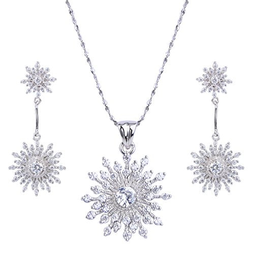 EVER FAITH Snowflake Jewelry Set White Cubic Zirconia Winter Party Prom 925 Sterling Silver Post Snow Flower Pendant Neckl...