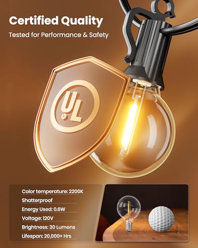 Brightown Outdoor String Lights 29 Feet G40 LED Patio Lights, Plug-in, 13 Plastic Edison Bulbs(1 Spare), Waterproof Connec...