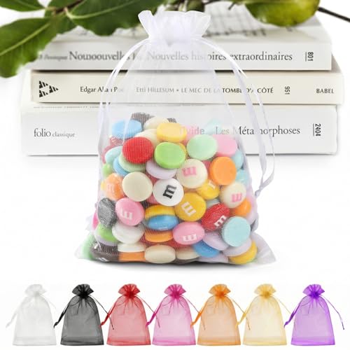 ANZNKU 50 Pack White Organza Bags 5 x 7 in, Small Mesh Gift Bags Bulk Drawstring for Wedding Party Favors, Little Goodie B...
