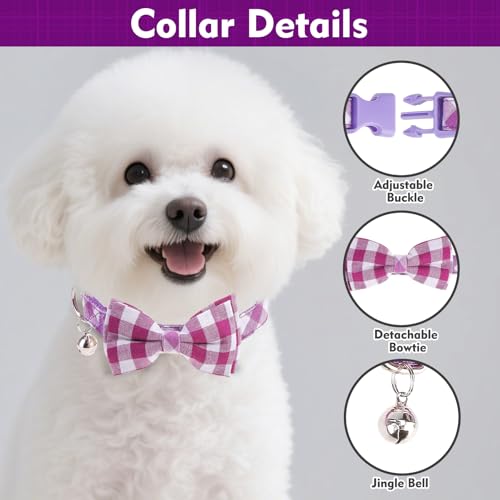 EXPAWLORER Cute Dog Harness Collar Leash Set - Purple Girl Dog Harness Checkered Step-in Design, Detachable Bow Pet Colla...