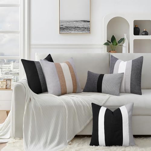 Adabana Modern Pillow Covers 18x18 Set of 2 Farmhouse Decor Patchwork Linen Cushion Covers for Couch Living Room Bed Black...