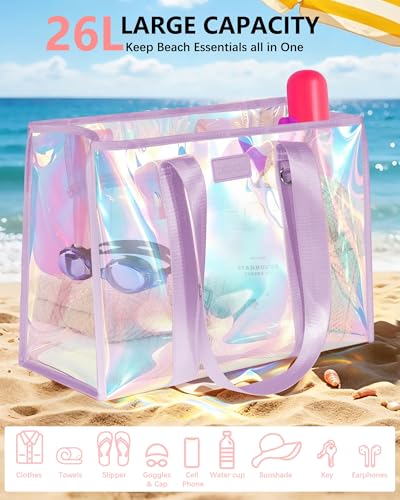 DSDCDJ Iridescent Beach Bags for Women, Large Jelly Tote Bag with Phone Pouch & Makeup Bag - Waterproof Beach Tote Bag