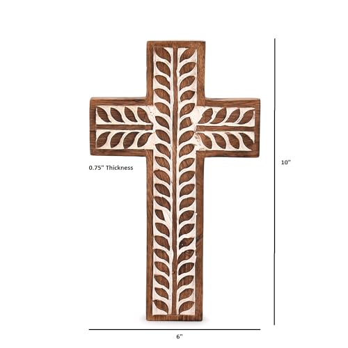 NIRMAN Mango Wood Religious Catholic Cross Wall Hanging Floral Carvings Living Room Home Décor for Entryway Office Living ...
