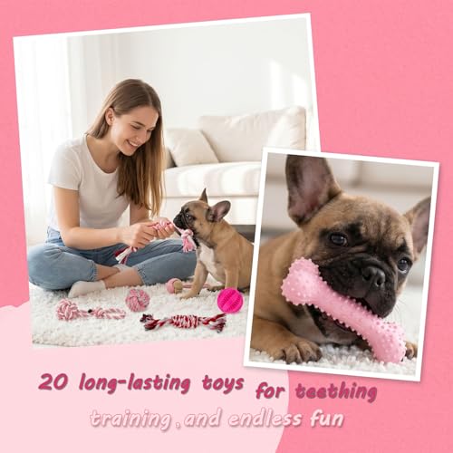 PawsAion Puppy Toys Set - 20 Pack Pink Dog Chew Toys for Teething Small Breeds - Tough Rope Toys for Puppies, Cute Soft Ru...