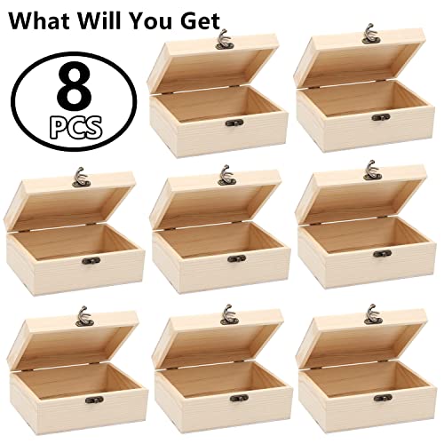 RHBLME 8 Pack Unfinished Wooden Boxes for Crafts, 8 x 4 x 2 Inch Wooden Box with Hinged Lid and Front Clasps, Unpainted Wo...